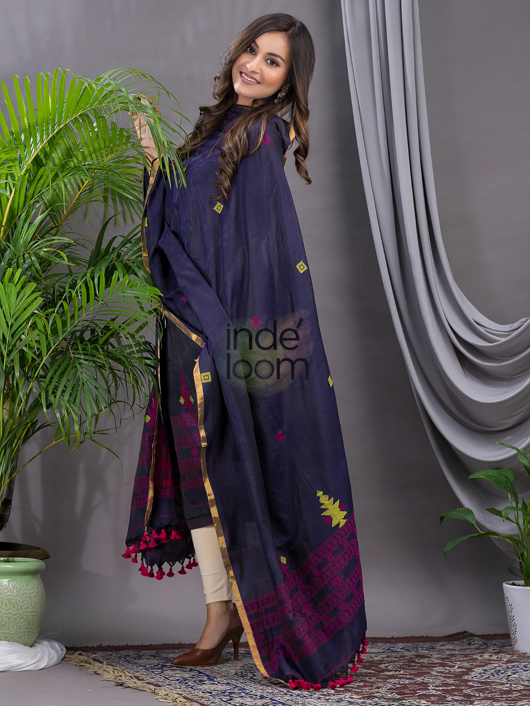 Dark Blue Cotton Jamdani 2-Piece Set Kurti & Dupatta (UNSTITCHED) - 112