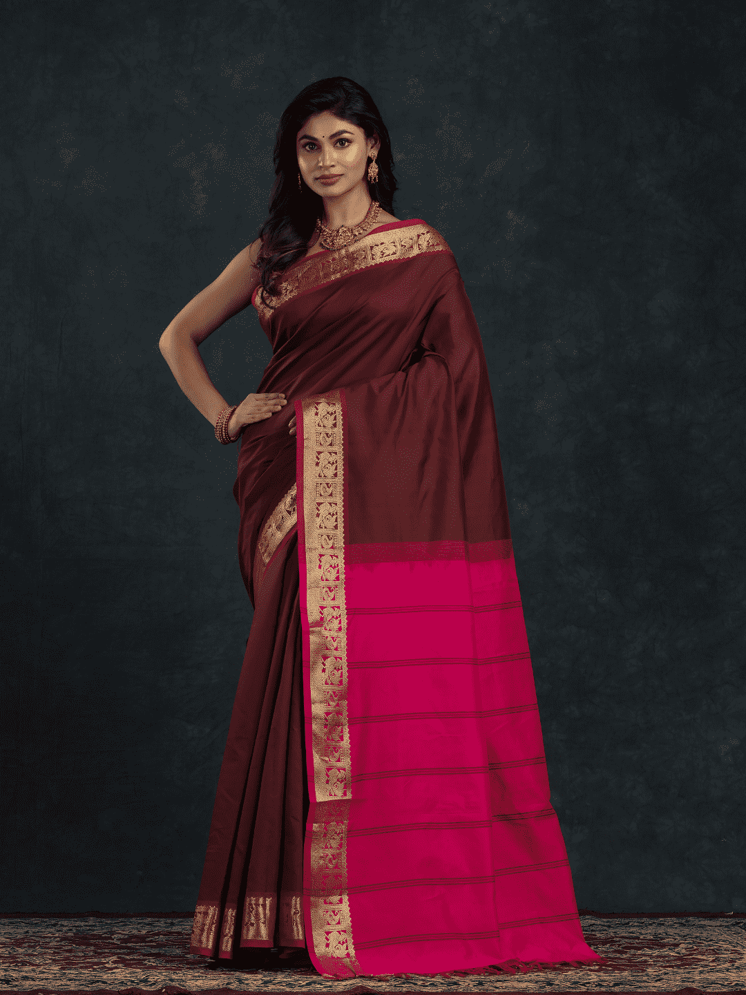Pure Handloom Korvai Saree | Classic Korvai | Red and Brown