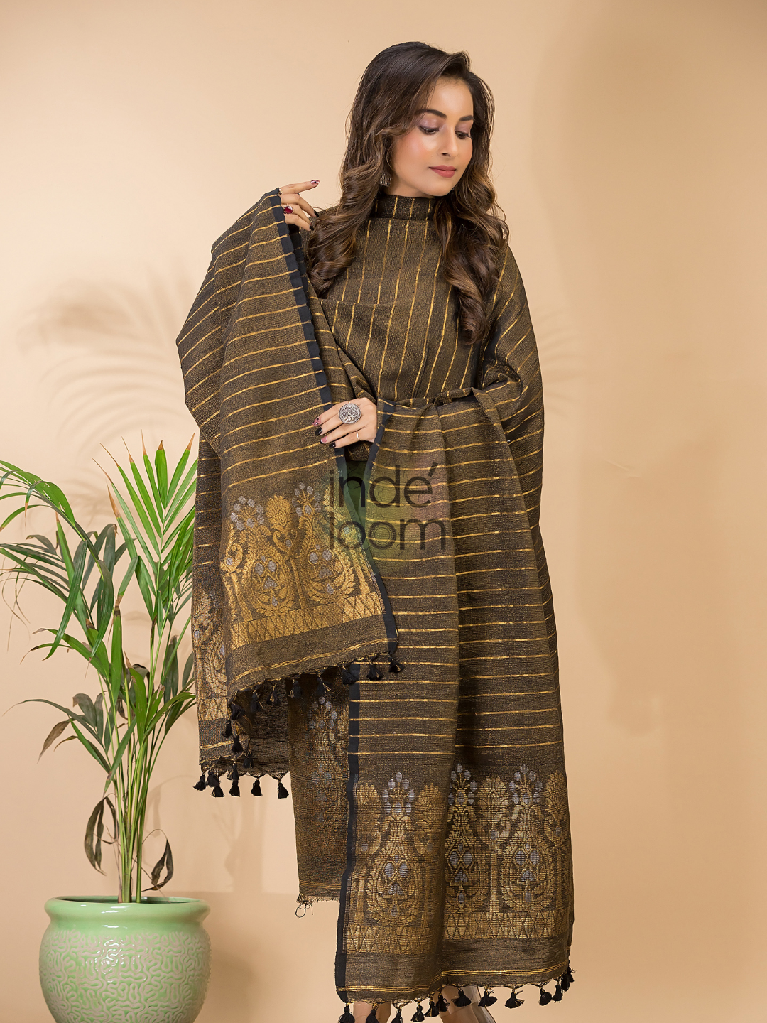 Wood Brown Organic Linen 2-Piece Set Kurti & Dupatta (UNSTITCHED) - 124