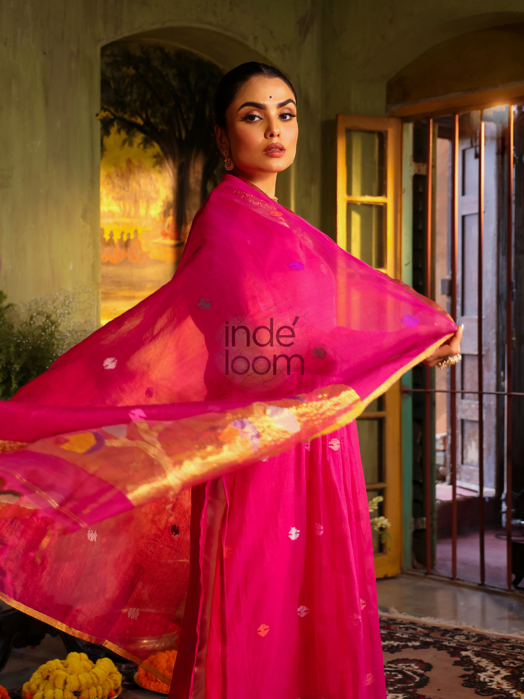 Deep Pink Sequin Paithani Jamdani 2-Piece Set Kurti & Dupatta (UNSTITCHED) - 314