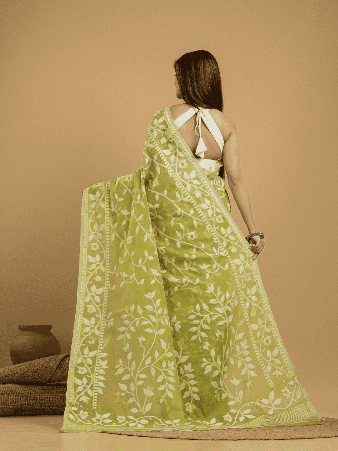 Light Green Cotton Silk Jamdani Saree - 032 - indeloom