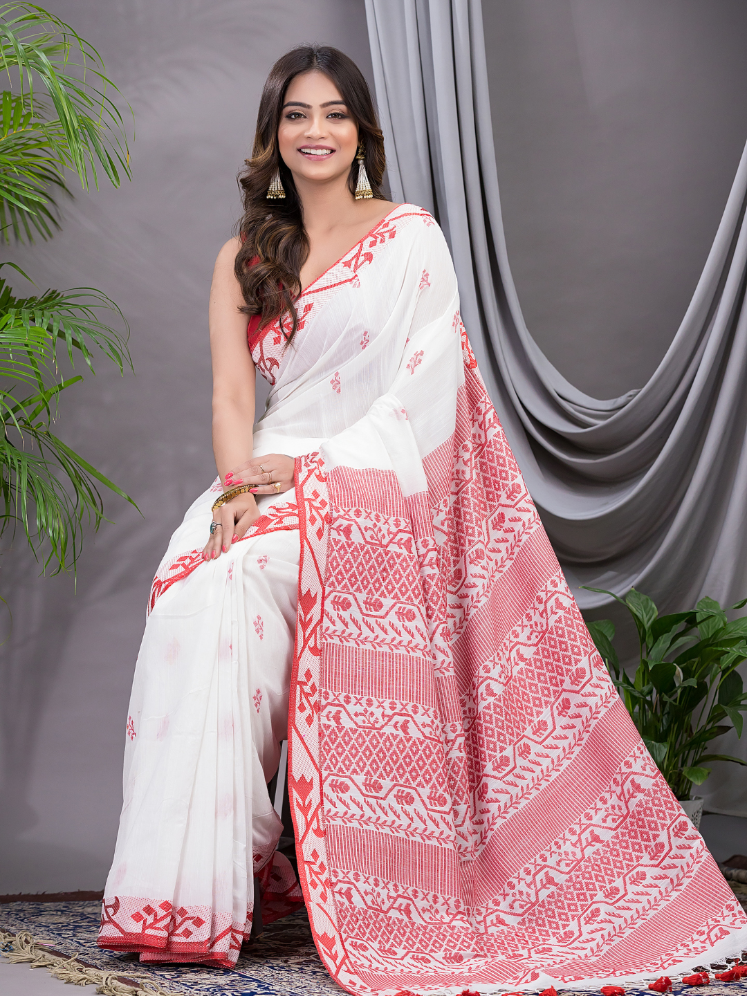 Cotton Jamdani Saree With Snow White - 022