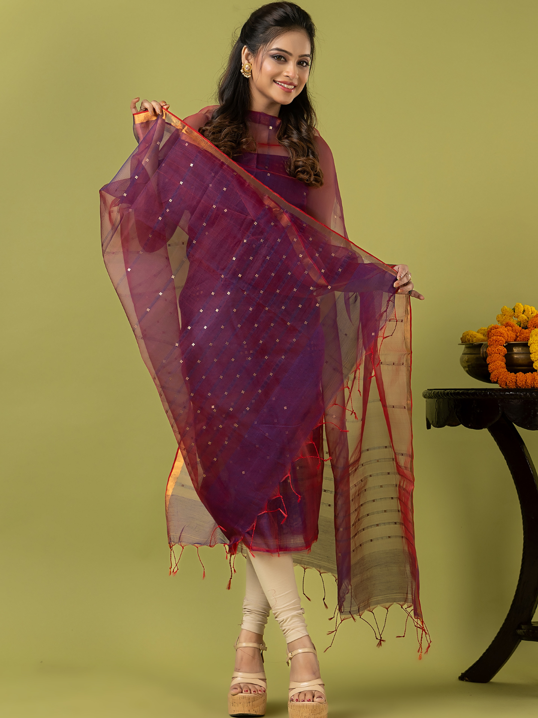 Handwoven Jamdani Muslin Unstitched 2-piece Kurti | Deep Plum