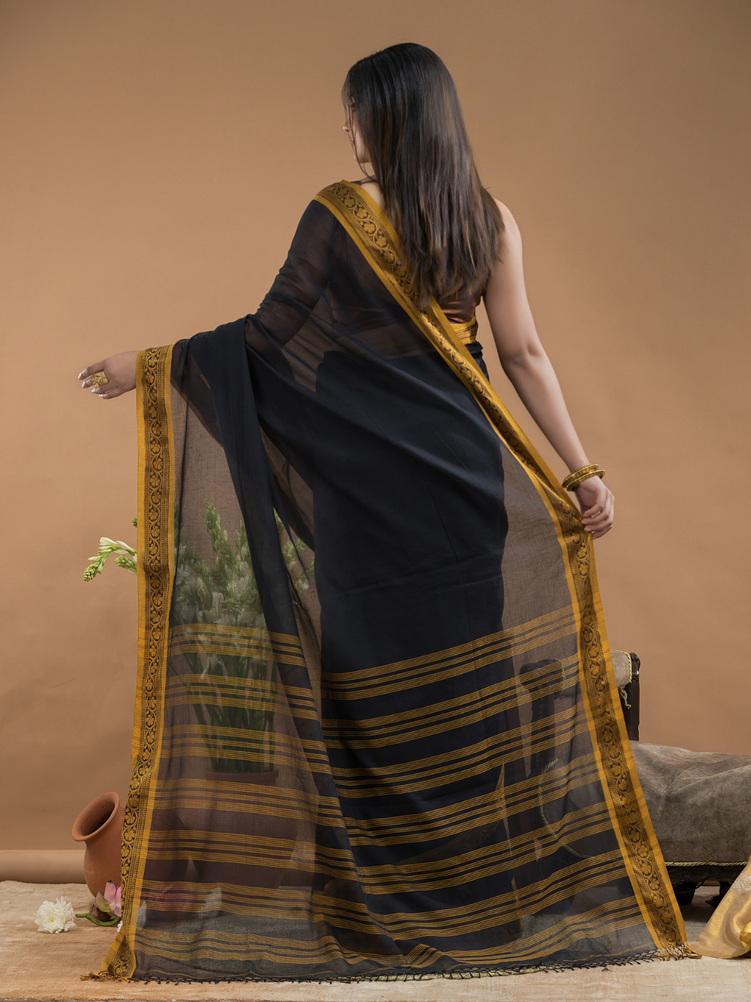 Black with Golden Zari Border-Handloom Cotton Saree-097