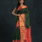Pure handloom Korvai Silk Cotton Lakshadeepam Saree in Dark Green and Golden Red Border - 016