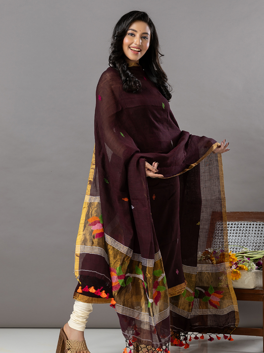 Handwoven Jamdani Linen Unstitched 2-Piece Kurti | Dark Chocolate Brown