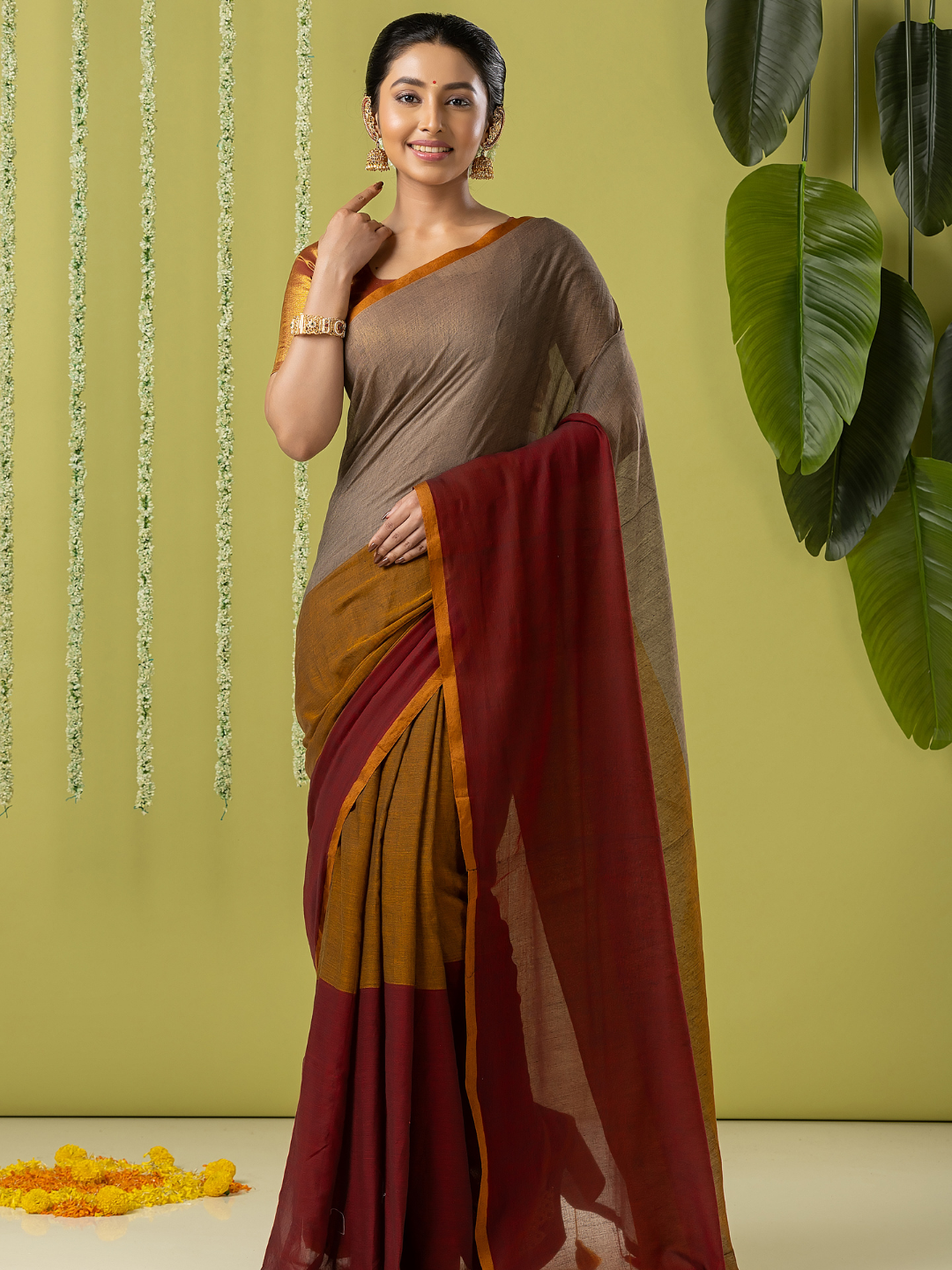 Pure Handloom Mul Cotton Saree | Taupe Brown