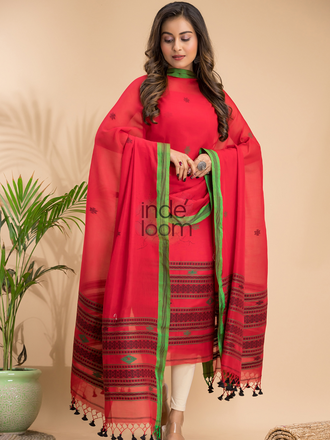 Classic Red Mercerized Cotton 2-Piece Set Kurti & Dupatta (UNSTITCHED) - 013