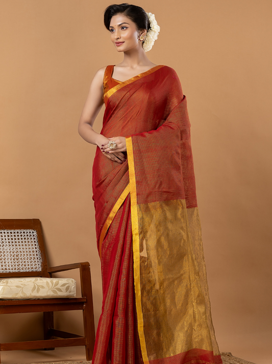Pure Handloom Silk Tissue Linen Saree | Rust Orange