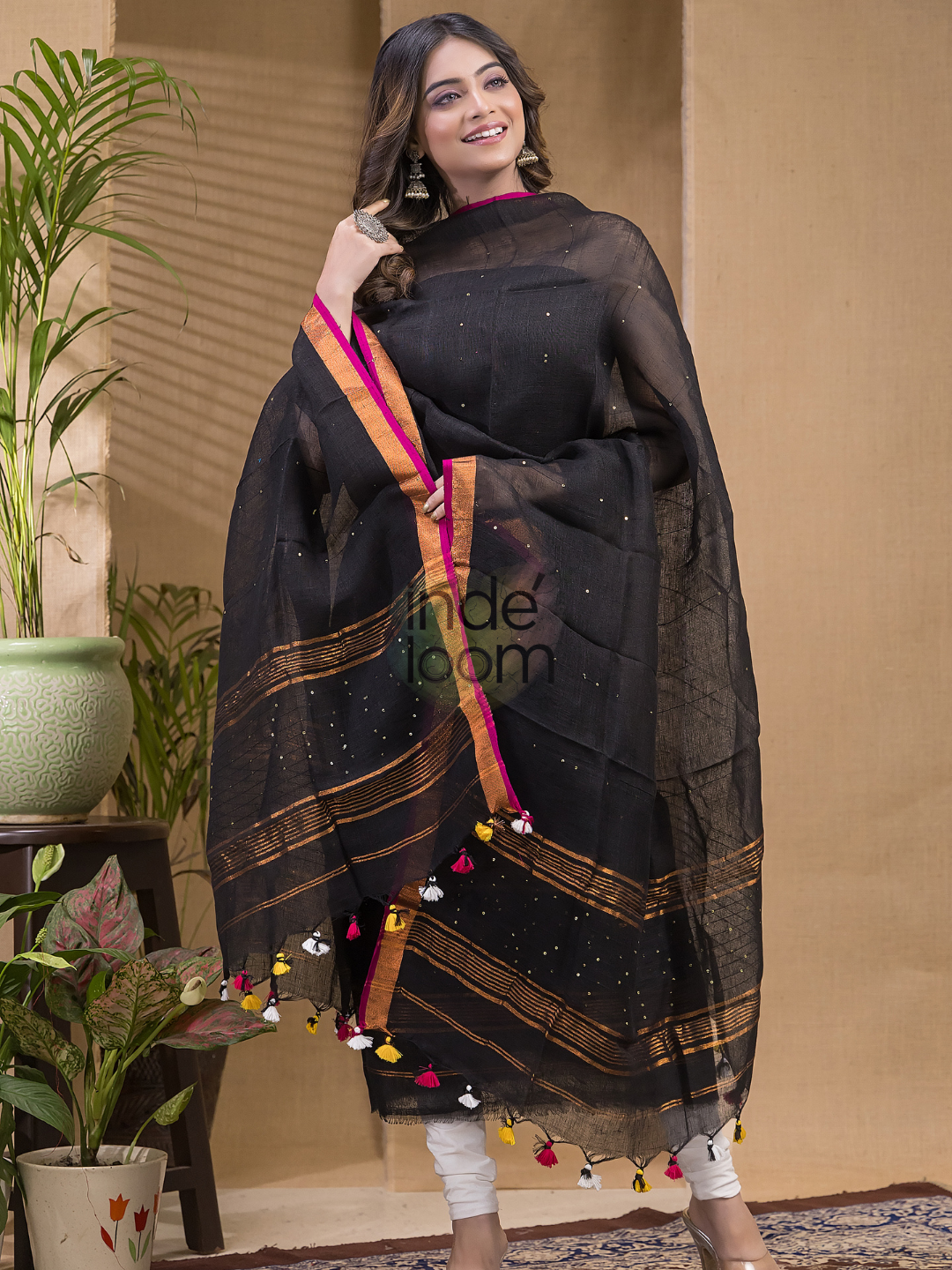 Rich Black Pure Linen Sequin Suit 2 Piece Set Kurti & Dupatta (UNSTITCHED) -629