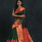 Pure handloom Korvai Silk Cotton Lakshadeepam Saree in Dark Green and Golden Red Border - 016