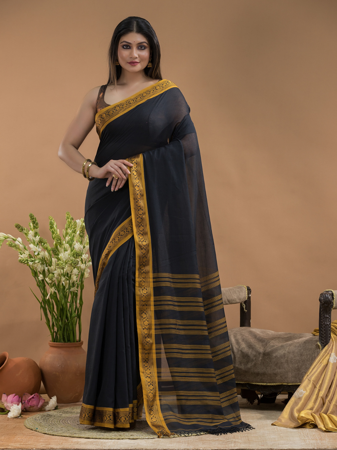 Black with Golden Zari Border-Handloom Cotton Saree-097