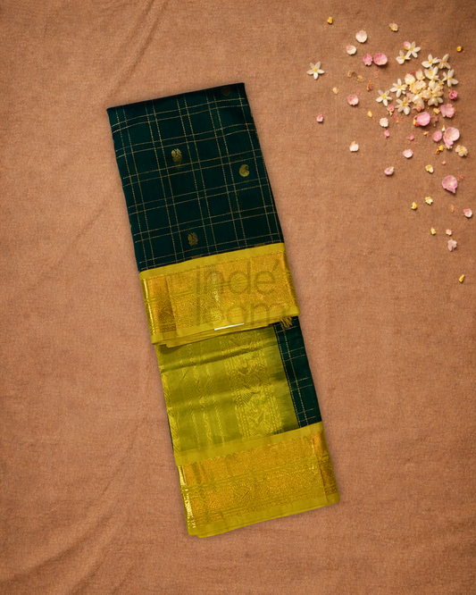 Handloom Korvai Silk Cotton Saree  |  Bottle Green