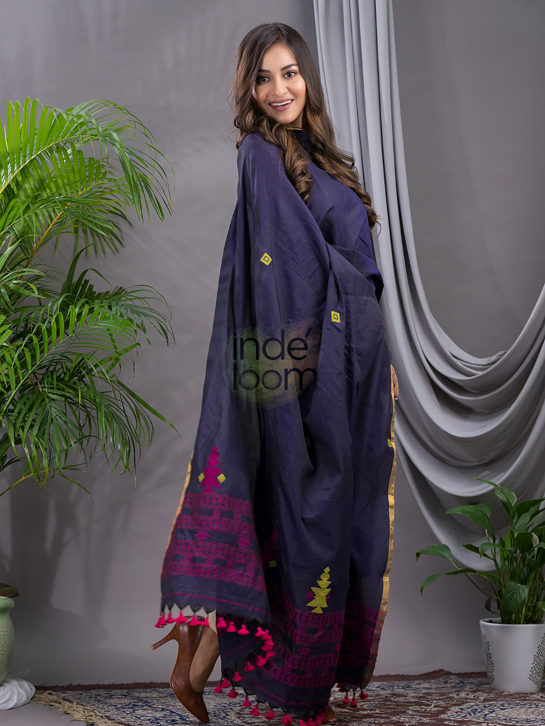 Dark Blue Cotton Jamdani 2-Piece Set Kurti & Dupatta (UNSTITCHED) - 112