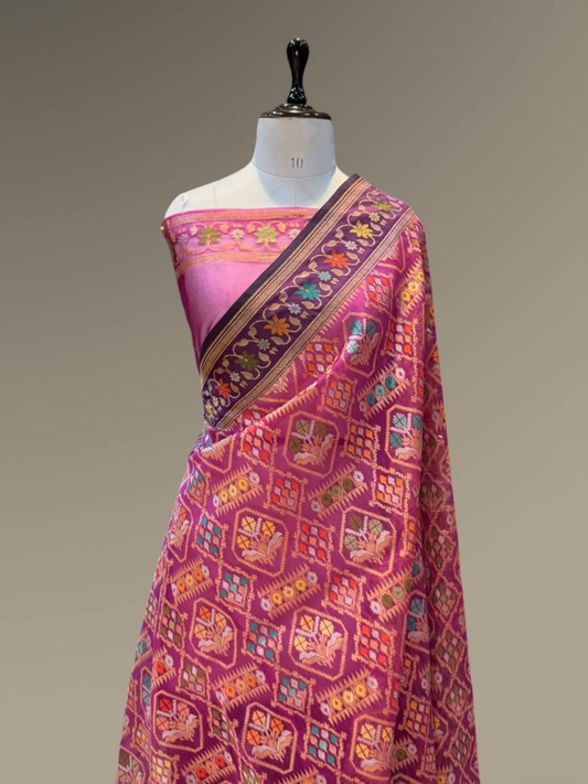 Exclusive Pure Ektara Benarasi Kora Jamdani saree | Rani Pink