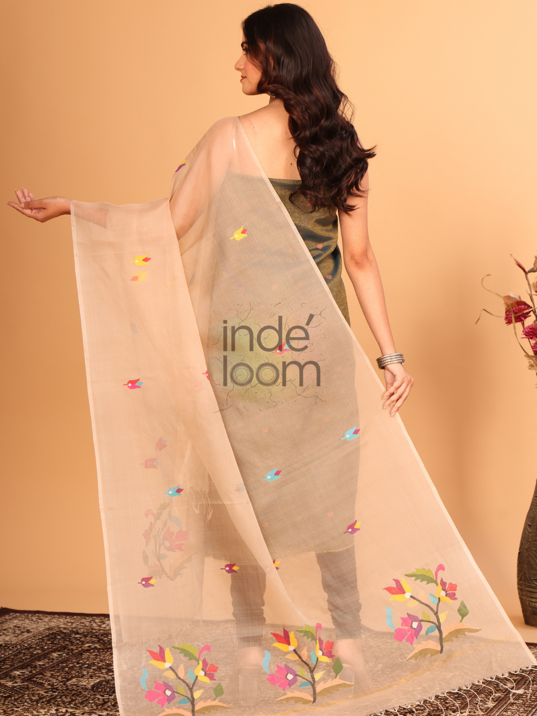 Pure Handloom Muslin Jamdani Dupatta With Pale Brown  - 019