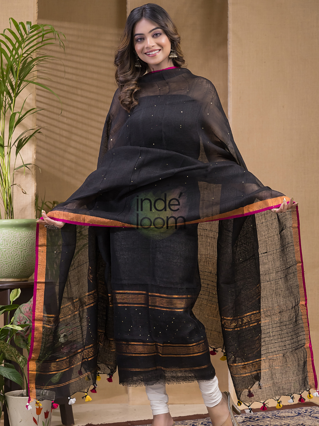 Rich Black Pure Linen Sequin Suit 2 Piece Set Kurti & Dupatta (UNSTITCHED) -629