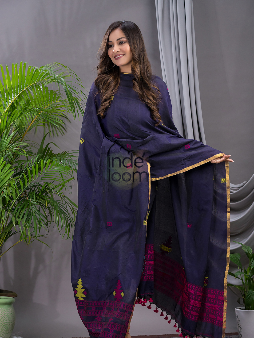 Dark Blue Cotton Jamdani 2-Piece Set Kurti & Dupatta (UNSTITCHED) - 112