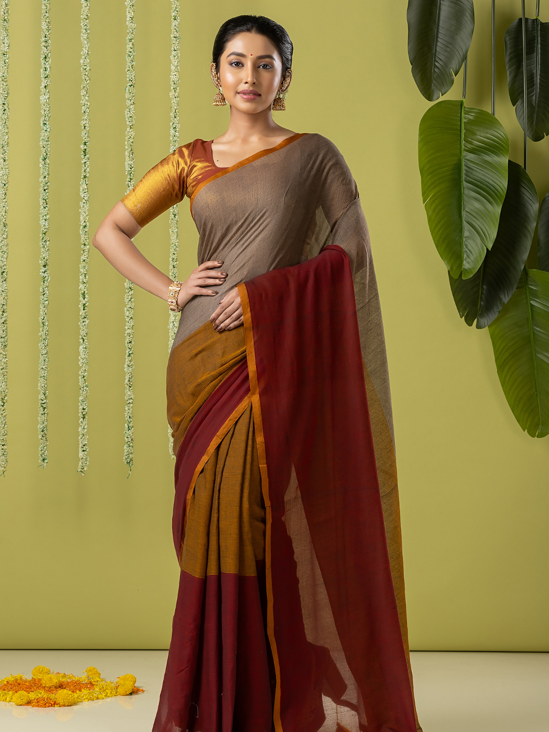 Pure Handloom Mul Cotton Saree | Taupe Brown
