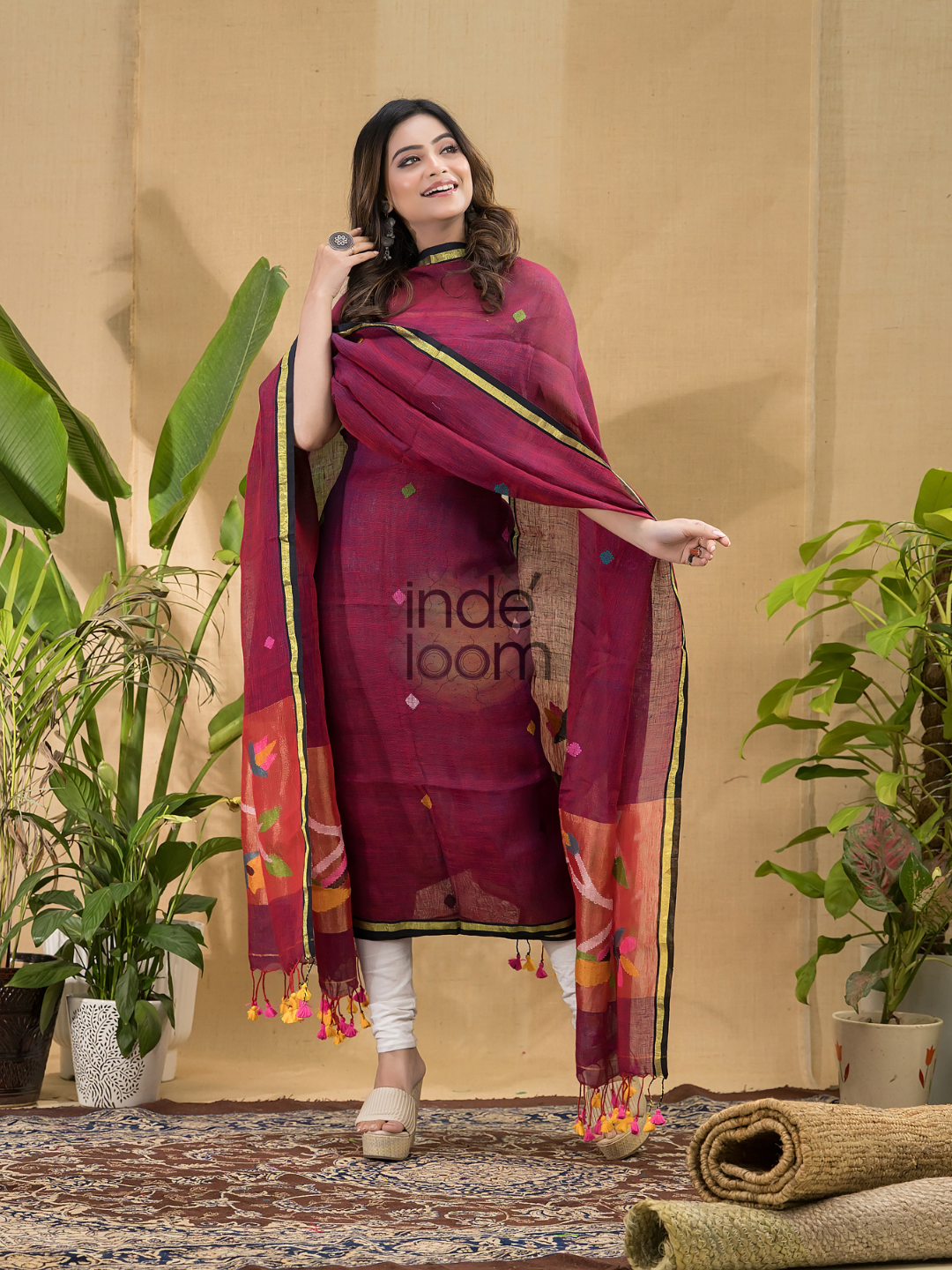 Wine Red Jamdani 2-Piece Set Kurti & Dupatta (UNSTITCHED) -711