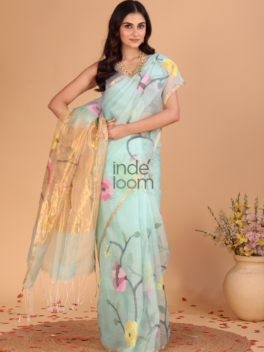 Handwoven Pure Jamdani Cotton Silk Saree  |  Seafoam Teal