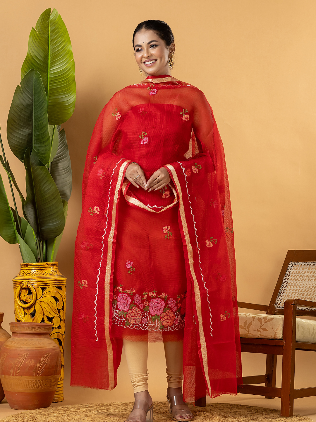 Classic Kota Doria Cotton Unstitched 2-Piece Kurti | Red