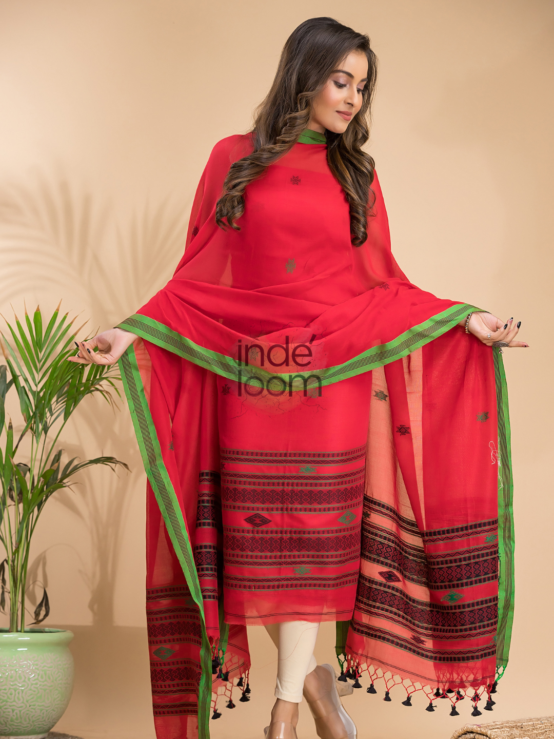 Classic Red Mercerized Cotton 2-Piece Set Kurti & Dupatta (UNSTITCHED) - 013