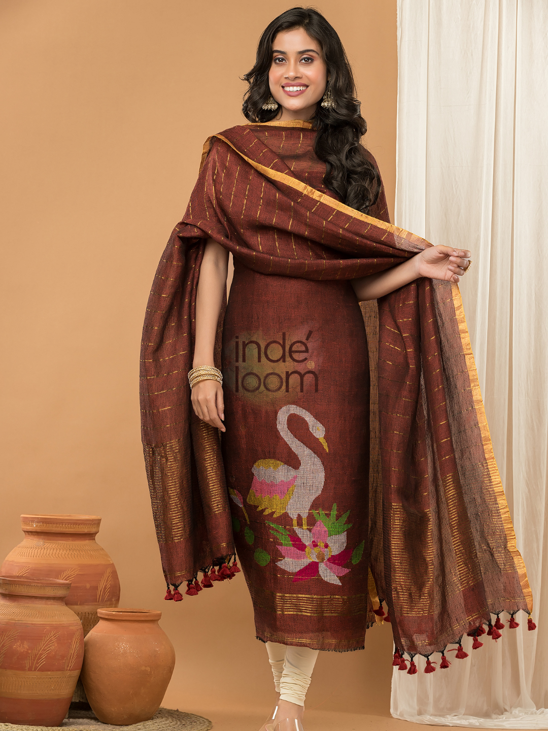 Deep Amber | Handloom Jamdani Muslin Unstitched 2-Piece Kurti
