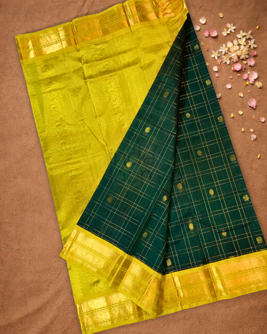 Handloom Korvai Silk Cotton Saree  |  Bottle Green