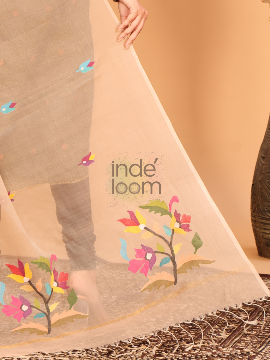 Pure Handloom Muslin Jamdani Dupatta With Pale Brown  - 019
