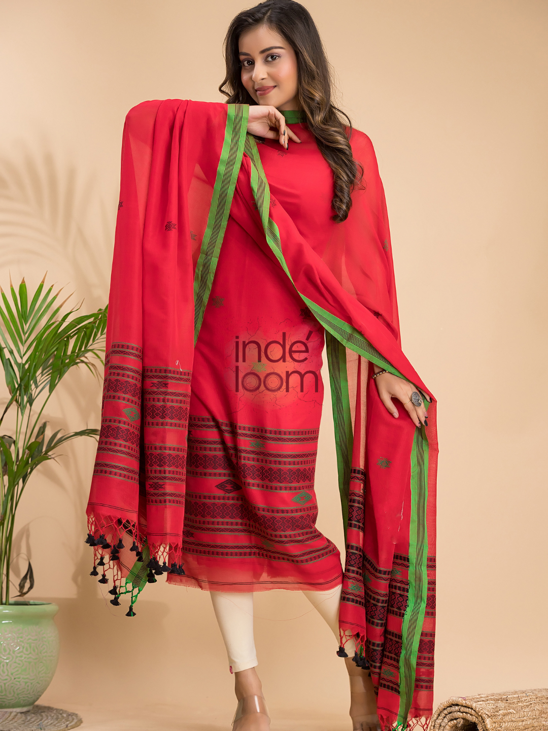 Classic Red Mercerized Cotton 2-Piece Set Kurti & Dupatta (UNSTITCHED) - 013