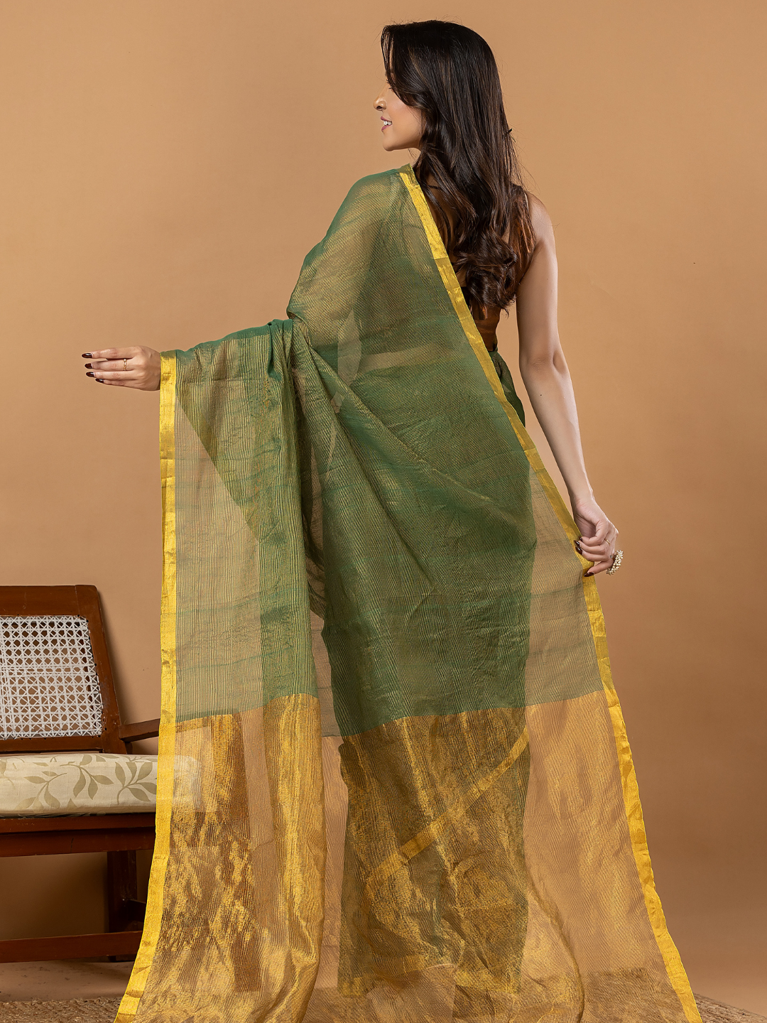 Pure Handloom Silk Tissue Linen Saree | Olive Green