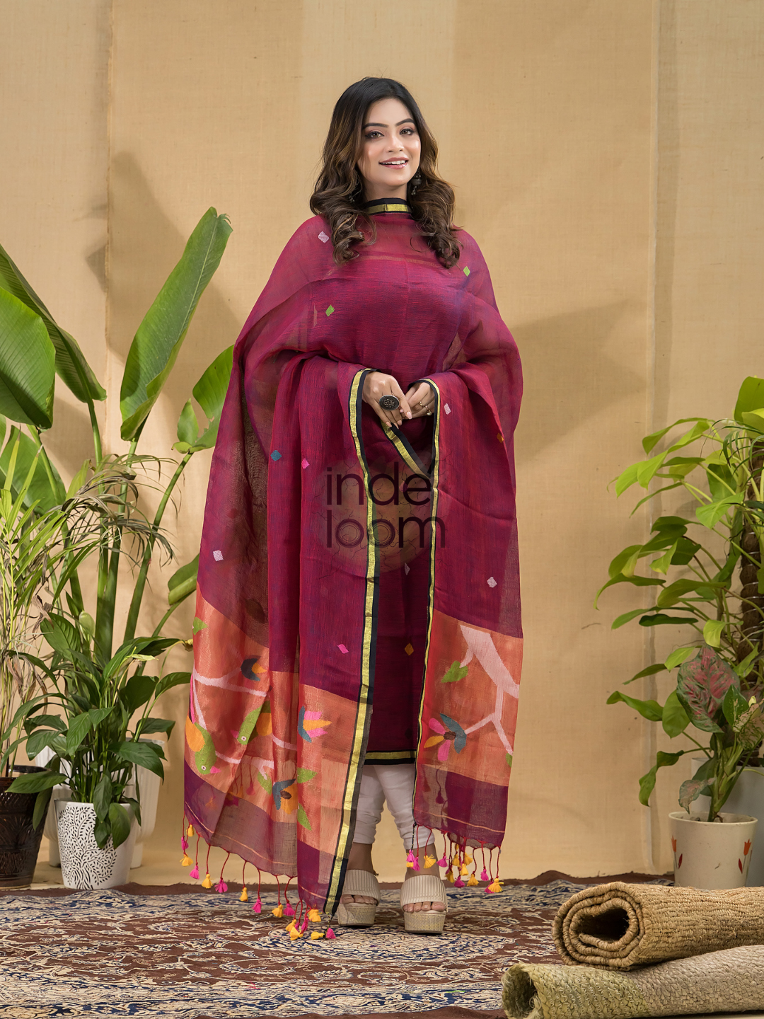 Wine Red Jamdani 2-Piece Set Kurti & Dupatta (UNSTITCHED) -711