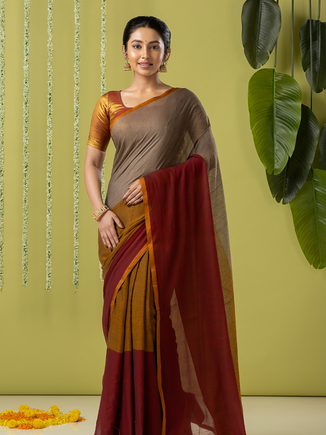 Pure Handloom Mul Cotton Saree | Taupe Brown