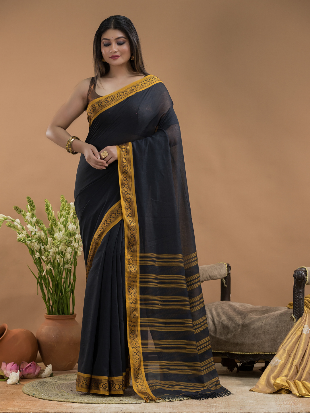 Black with Golden Zari Border-Handloom Cotton Saree-097