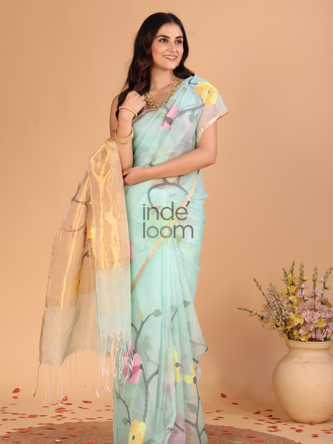 Muslin Tissue Jamdani Saree With Aqua Blue - 118
