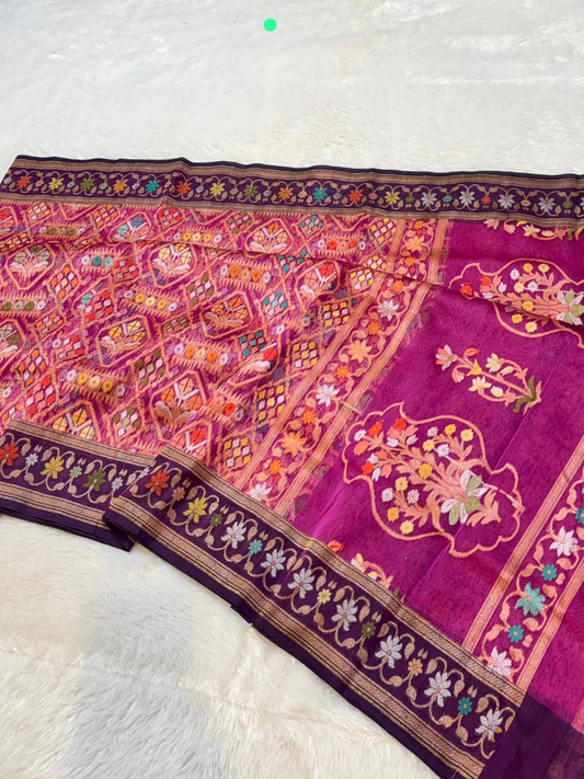 Exclusive Pure Ektara Benarasi Kora Jamdani saree | Rani Pink