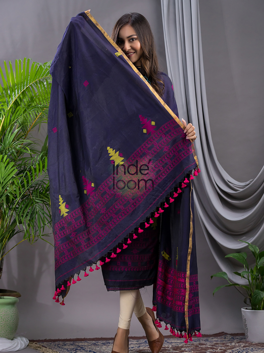 Dark Blue Cotton Jamdani 2-Piece Set Kurti & Dupatta (UNSTITCHED) - 112
