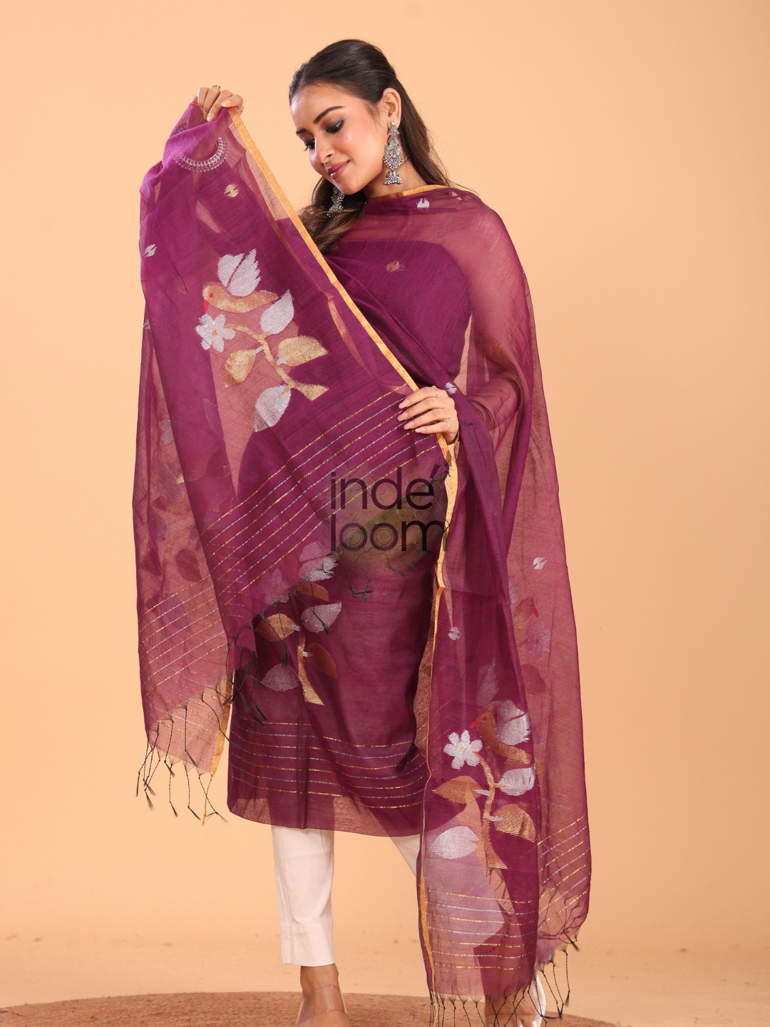 Mulberry Purple Muslin Jamdani 2-Piece Set Kurti & Dupatta (UNSTITCHED) - 087