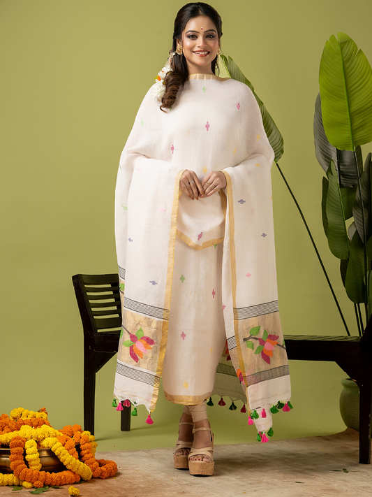 Handwoven Jamdani Linen Unstitched 2-piece Kurti  |  Snow White  and White  | All-over Buttas with Floral border