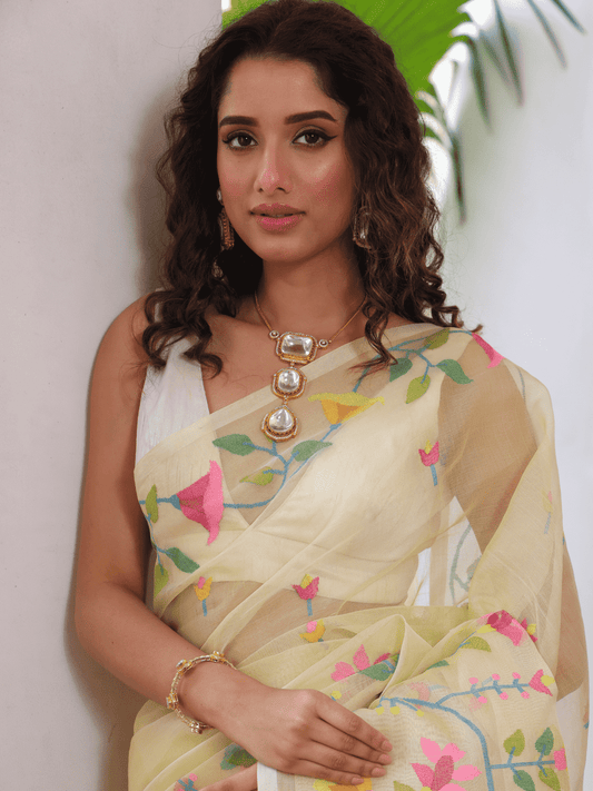 Light Green Hand Made Jamdani Saree-096 - indeloom