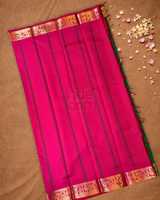 Handloom Korvai Silk Cotton Saree  |  Bottle Green