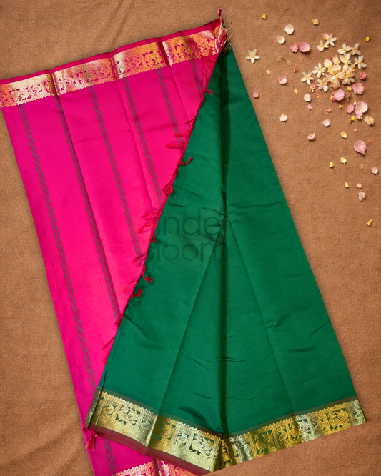 Handloom Korvai Silk Cotton Saree  |  Bottle Green
