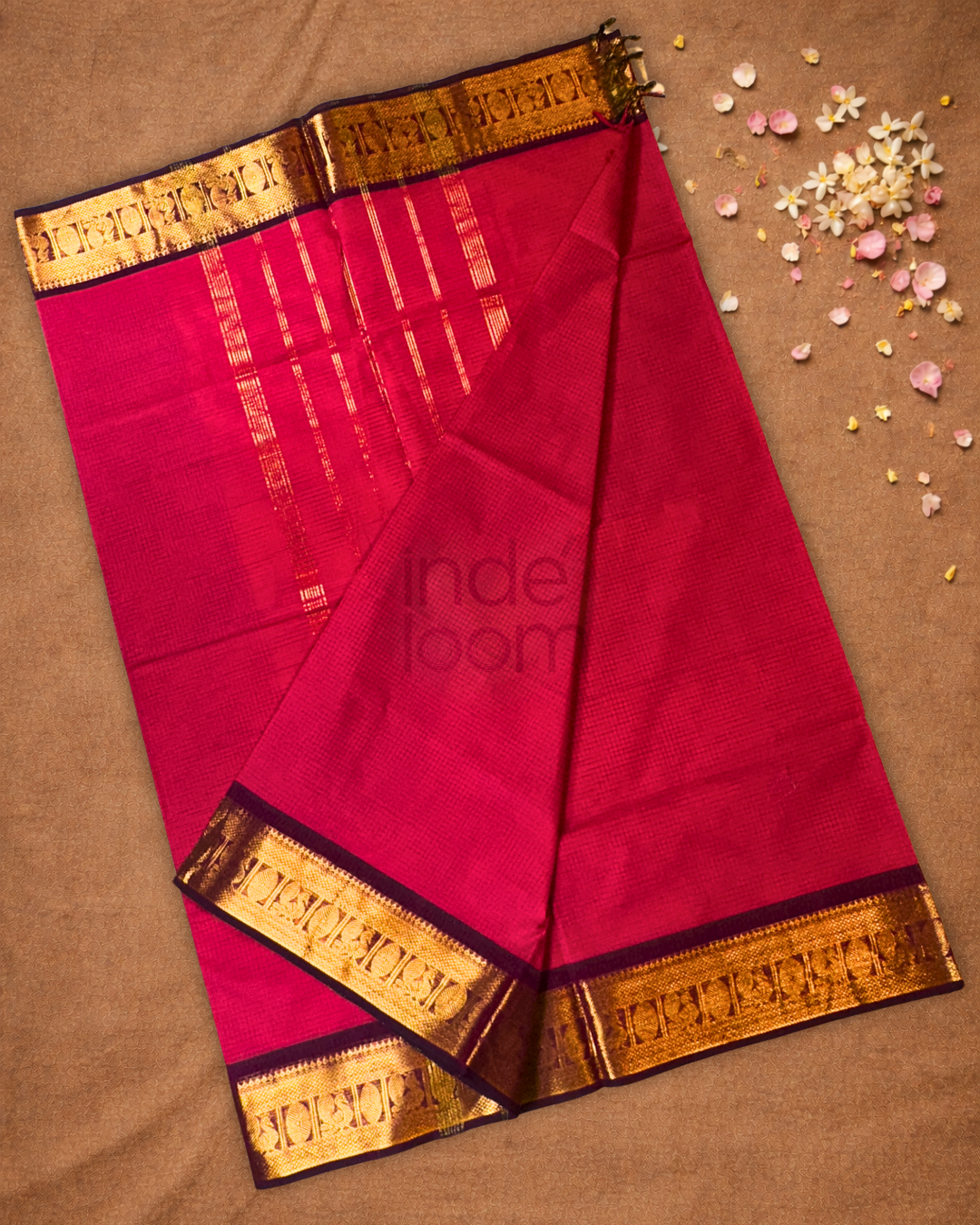 Chettinad Cottton Saree With  Strawberry Red