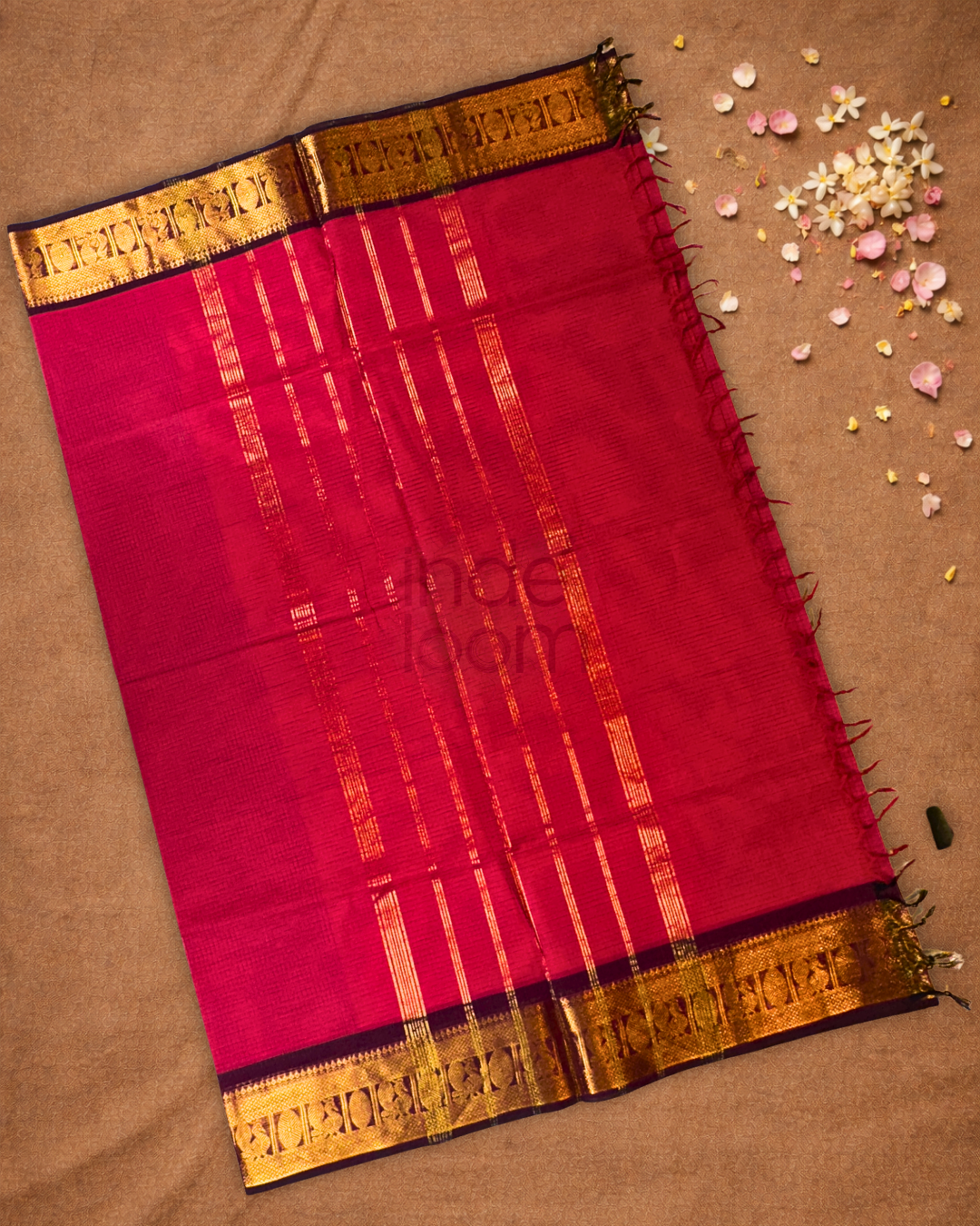 Chettinad Cottton Saree With  Strawberry Red