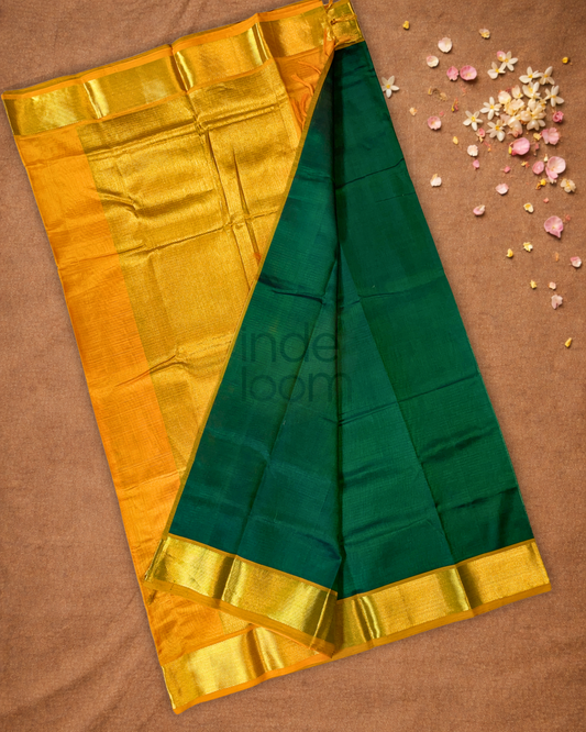 Handloom Korvai Silk Cotton Saree  |  Bottle Green