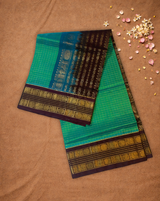 Handloom Korvai Silk Cotton Saree  |  Jade Teal