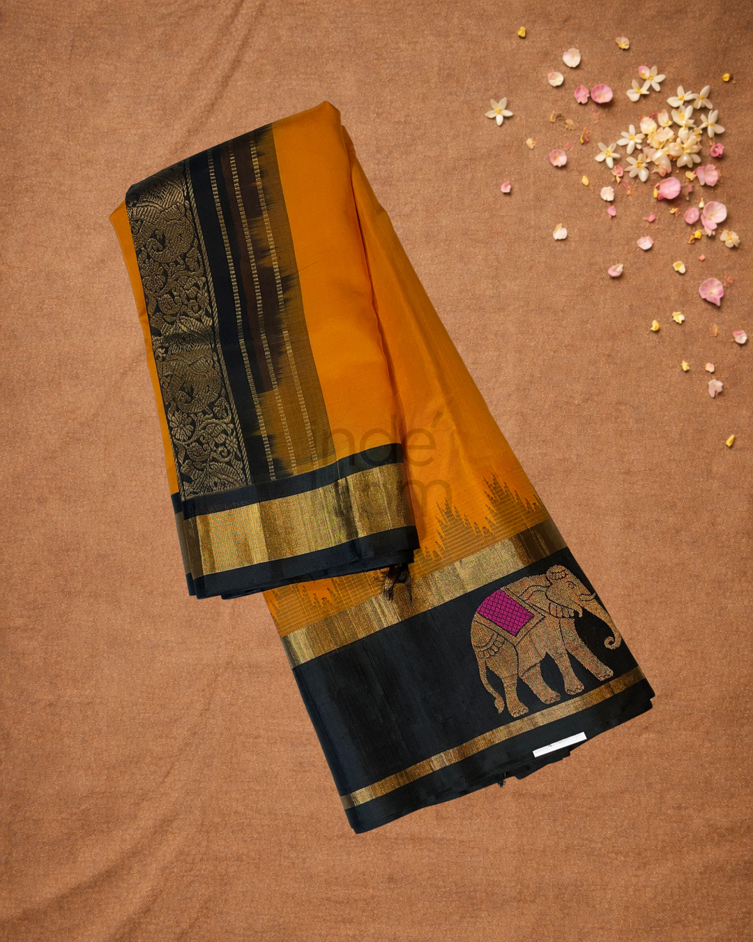 Pure Handloom Korvai Saree | Honey Yellow and Coal Black