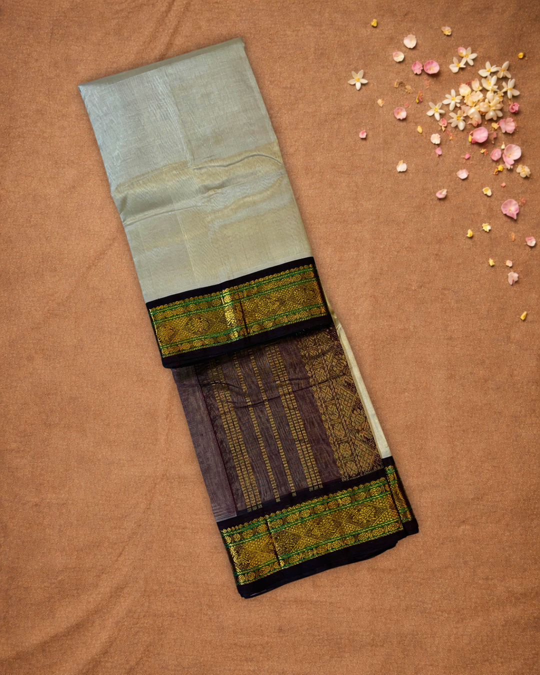 Handloom Korvai Silk Cotton Saree  |  Warm Ivory