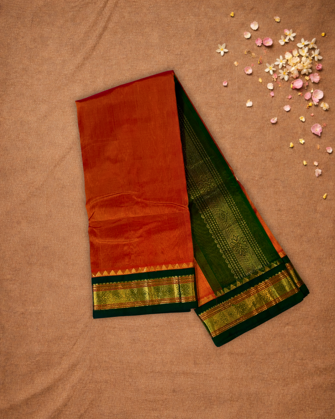 Handloom Korvai Silk Cotton Saree  |  Fire Orange